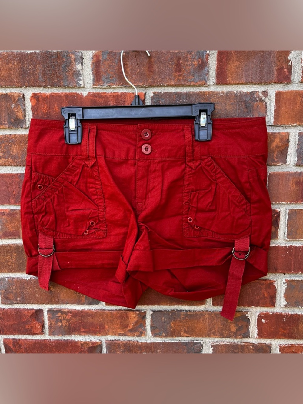 Lightweight Red Cargo Shorts by Harmony & Havoc with Utility Strap Detail size 5